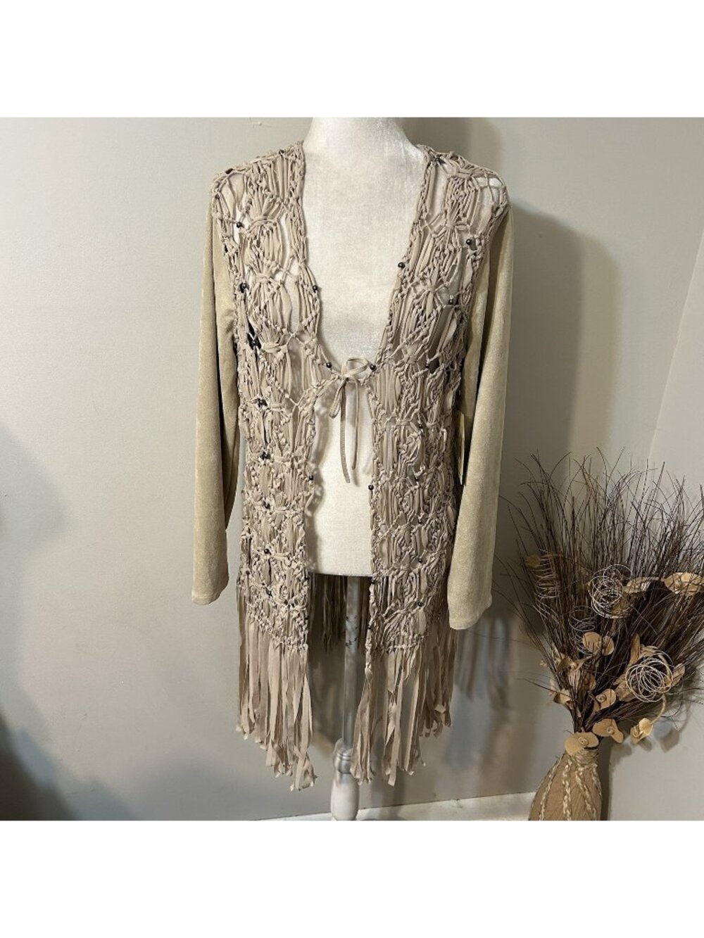 NWT Reba Women Macrame Jacket Cardigan Beads Fringe Faux Suede Beige Tie Front M